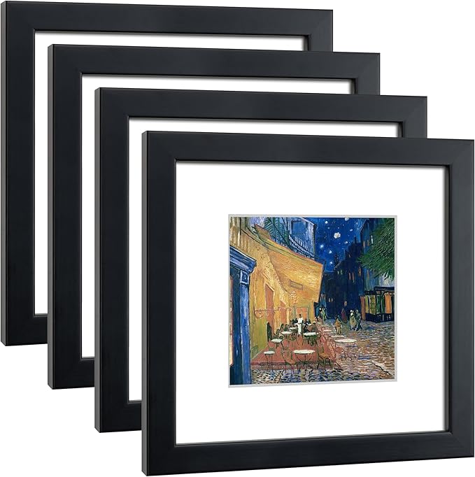 8x8 Picture Frame Set of 4 Made of Solid Wood Photo Frame with Real Glass for Pictures 5x5 with Mat or 8x8 Without Mat, Wall Mount or Tabletop Gallery Photo Frames in Black