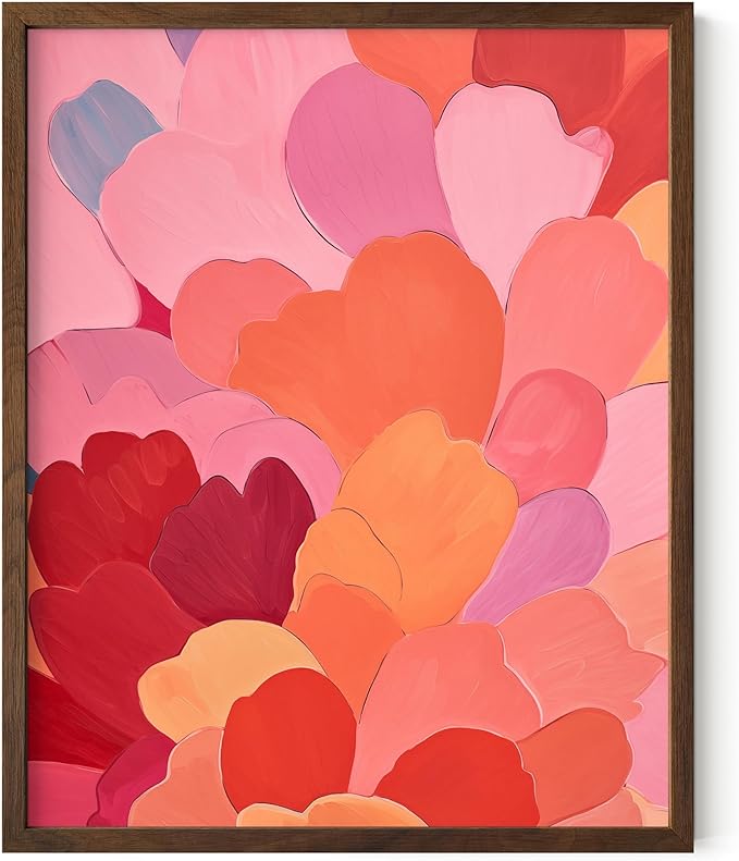 HAUS AND HUES Colorful Abstract Wall Art - Minimalist Retro Picture for Living Room Decor, Red and Pink Modern Wall Art Painting (Petals 1, Walnut Frame, 8x10)