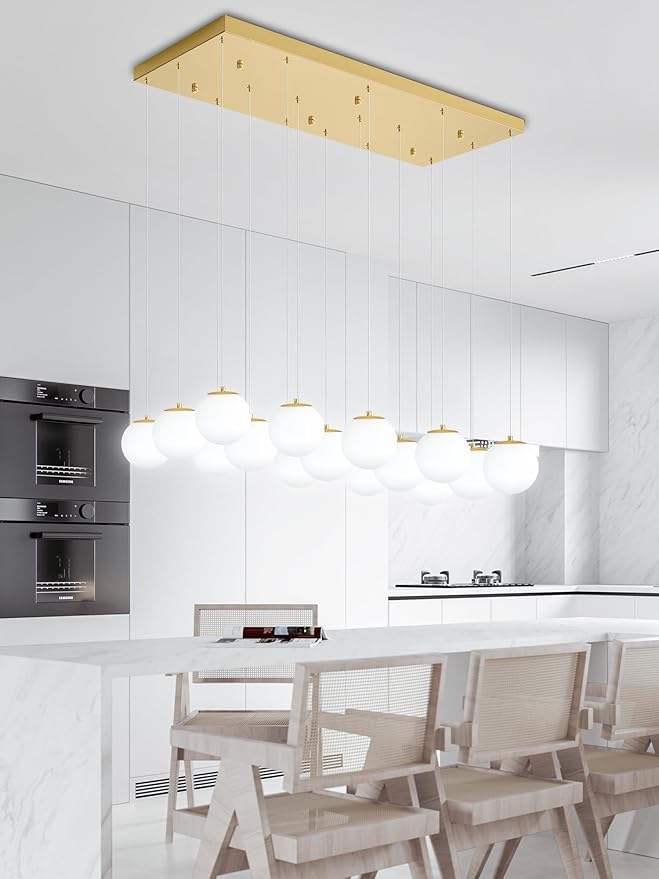 16-Light Gold Chandelier with White Globe Glass Dimmable Ceiling Light Glass Pendant Light for Kitchen Island, Dining Room, Living Room, Entry Hallway