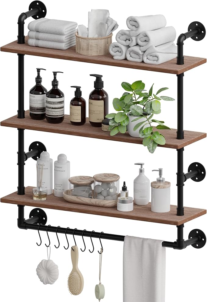 ROGMARS Industrial Pipe Shelving Bathroom Shelves with Towel bar, 24 in Rustic Floating Shelves Pipe Wall Shelf,3 Tier Wall Mounted Shelves with Hook