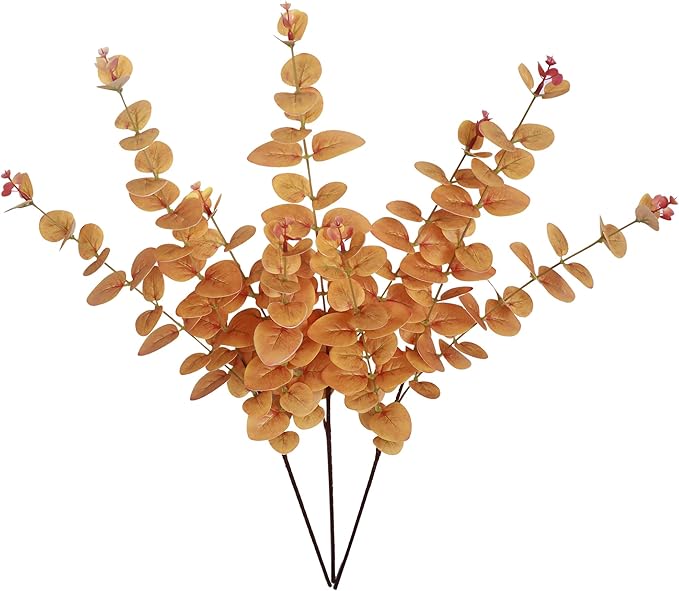 Forlaoers Fall 32" Tall Orange Artificial Eucalyptus Leaves Greenery Stems Fake Flowers Plants Branches for Vase Home Decor Indoor Arrangements Decoration