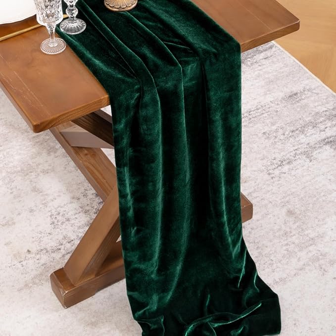 Socomi 4pcs Green Velvet Valentine's Day Table Runner Cloth Decor 20 x 120 Inches 10ft Fabric Emerald Green Luxurious Thanksgiving Wedding Runner for New Year Bridal Shower