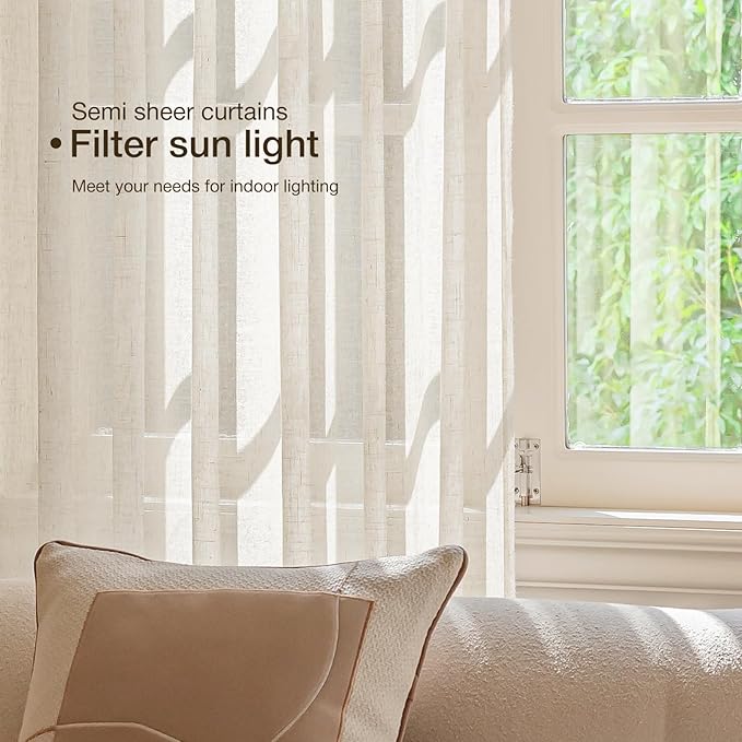 Anmao Natural Linen Curtains for Living Room 90 Inch Length 2 Panels Set, Light Filtering Semi Sheer Window Curtain Drapes for Bedroom with Curtain Rings and Clips, 52 Inch Wide Each Panel, Ecru