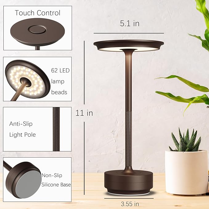 2 Pack Rechargeable Cordless Table Lamps, Portable 5000mAh LED Table Light, 3 Color Stepless Dimming Battery Powered Metal Table Lamp for Outdoo/Restaurant/Home/Patio.(Brown)