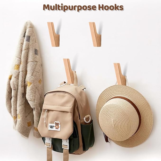 Wood Wall Hooks, 6 Pack Wood Coat Hooks, Minimalist Hat, Backpack, Jacket, Towel Hangers, Decorative Mounted Pegs, Durable Wall Hooks for Entryway, Bathroom and Kitchen (Ash)
