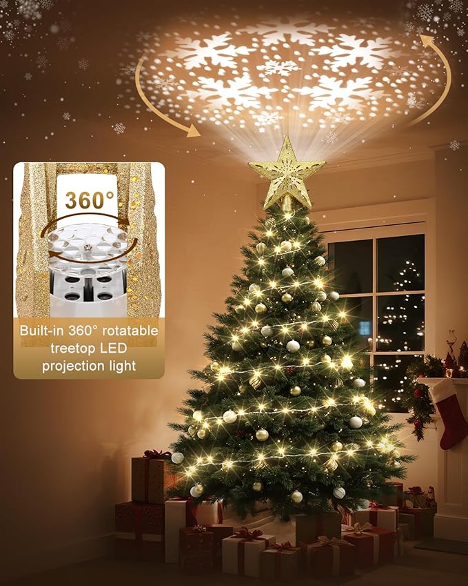 Christmas Tree Topper Star Lighted with Warm Christmas Light Cord, Built-in 6 Projected Patterns, 3D Glitter LED Rotating Lights for Party Holiday Xmas Decorations Gifts (Glod)
