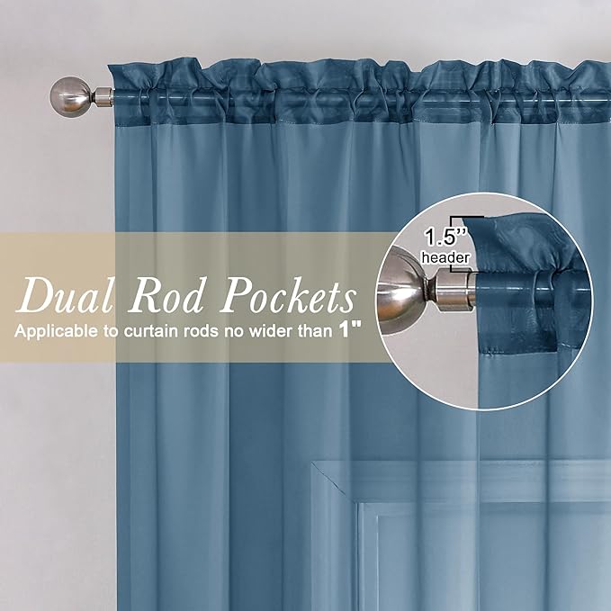 Lecloud Dusty Blue Sheer Curtains 90 Inches Long 2 Panels, Light Filtering Breathable Curtain, Gauzy Stylish Home Decor Drapes with Dual Rod Pocket for Dining Room Bedroom, Each 42" W x 90" L