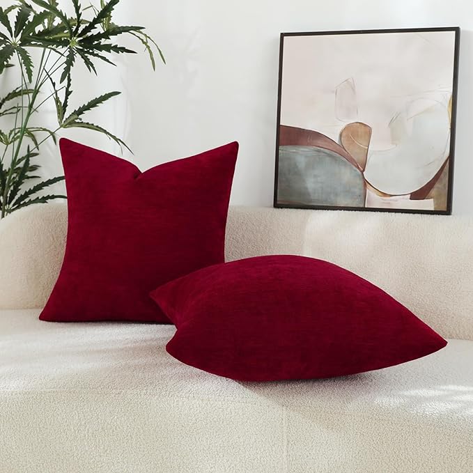 Santa Red Chenille Decorative Couch Lumbar Throw Pillow Covers, Soft Cushion Cases for Home Livingroom Sofa Décor, Pack of 2, 12 x 20 Inches
