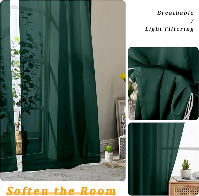 Gwine Hunter Green Valances for Windows, Small Light Filtering Rod Pocket Cafe Valance Curtains, Soft Sheer Curtain for Bathroom Laundry Basement, 42Wx14L inch, 2 Pieces