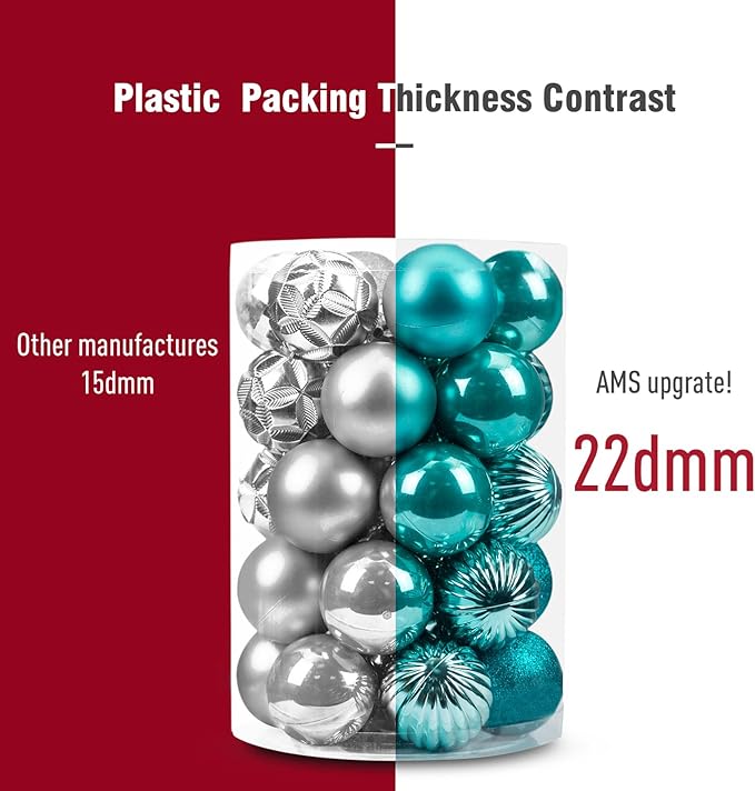 AMS 34ct Christmas Ball Mini Ornaments Party Decorations Shatterproof Festival Pendant Hangings for Xmas Tree Decor(1.57''/40mm,Teal)