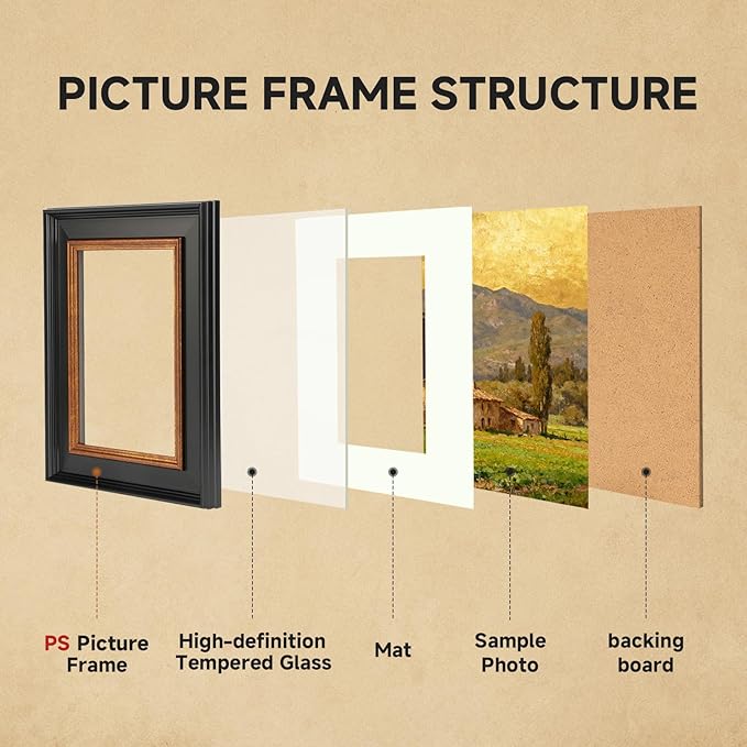 11x14 Black Picture Frame, 11x14 Photo Frame with Real Glass, Antique Picture Frames for Wall or Tabletop Display, Display Poster 8x10 with Mat or 11 x 14 Without Mat for Antique Déco,Black with Gold Trim