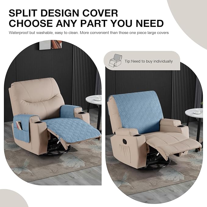 VANSOFY Recliner Chair Covers 100% Waterproof Seat Cover with Arm Reclining Cover Non-Slip Recliner Chair Covers Furniture Protector Washable Slipcover with Pocket for Pets, Dogs(Azuree, 25")