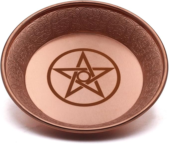 Copper Offering Prayer Ritual Bowl - Carving Pentagram Brass Decorative Plate Great for use Witches,Smudging, Incense Burner Holder,Candle Dish, Ash Catcher,Jewelry Dish,Keys Basket