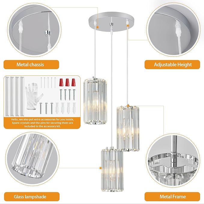 Chrome Pendant Lighting Modern Pendant Light, Mini Crystal Chandeliers,Adjustable Pendant Light Fixture for Kitchen Island Dinning Room Corridor Bedroom(Chrome 3-Light)