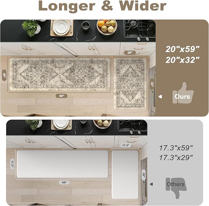 KIMODE Anti Fatigue Kitchen Mats, Boho Distressed Kitchen Floor Mats 20"x59"+20"x32", Non Slip Waterproof Kitchen Rugs, Padded Comfort Standing Mats for Laundry Office Sink Desk Brown