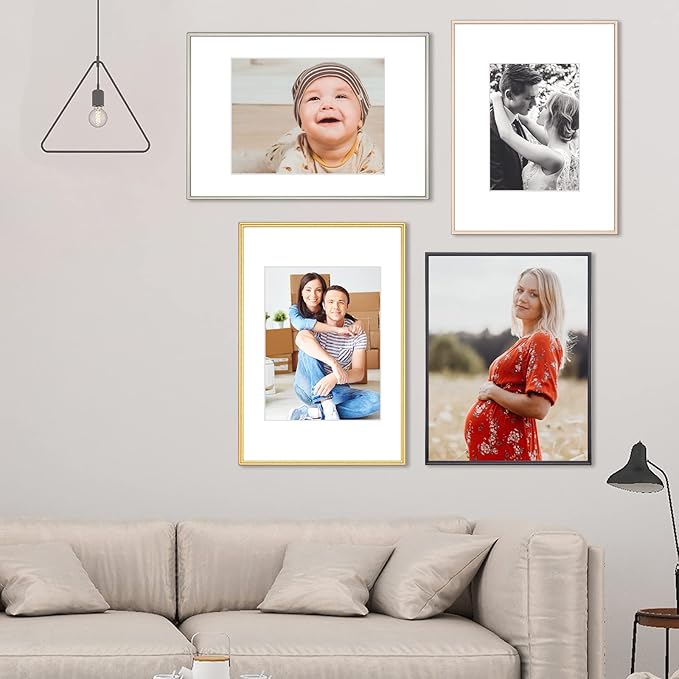 8.5x11 Picture Frame Set of 4, Matted Black Simple Modern Brushed Thin Aluminum Metal Photo Frame Fits 5x7 with Mat or 8.5 x 11 without Mat . Vertical and Horizontal for Tabletop and Wall
