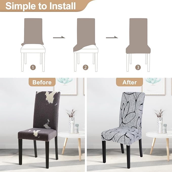 SearchI Dining Room Chair Covers Set of 4, Stretch Printed Parsons Chair Slipcovers Spandex Removable Washable Kitchen Chair Protector Cover for Dining Room, Hotel, Ceremony (Grey Lotus+White Texture)