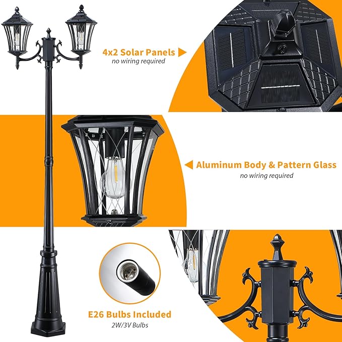 YSN 85" Solar Lamp Post Light, Dusk to Dawn Lamp Posts Outdoor Lighting, 2-Head Solar Pole Lights Outdoor Post Lights, Retro Black Exterior Pole Lantern, Waterproof Light Posts for Outside Garden Yard
