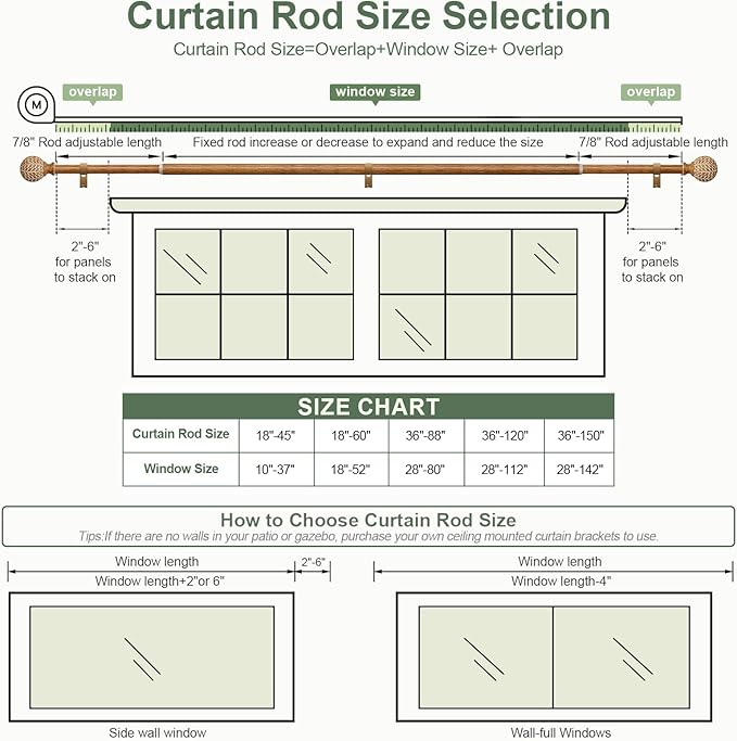 Wood Curtain Rods for Windows 72 to 144 Inch,1'' Diameter Drapery Rods with Imitation Wood Grain Leaf Pattern Finials,Boho Adjustable Heavy Duty Curtain Rods Set,36-150'',Color:Natural Wood