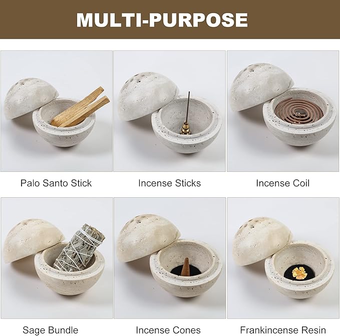 Natural Travertine Round Incense Cone Holder, Minimalist Sphere Incense Burner for Cones, Home Decorations 3.94in (Gray)