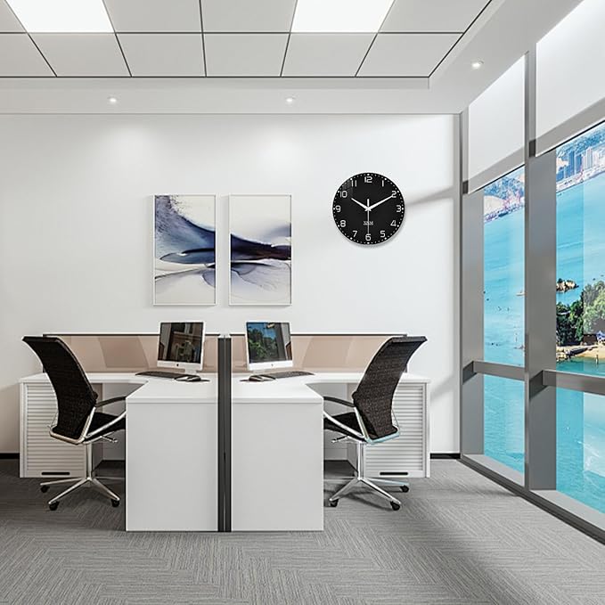 XNM Decorative Wall Clocks Battery Operated 14 Inch Black Wall Clock for Office Glass Modern Wall Clock Silent