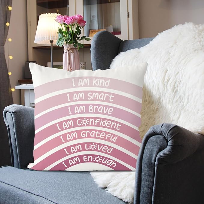 QIYUHOY Boho Rainbow Classroom Throw Pillow Covers, Book Center Calming Corner Playroom Decor Pillow Case, Pink Pillow Cover, I Am Kind Smart Brave Confidence 22x22 Inch Pillowcase(Pink)