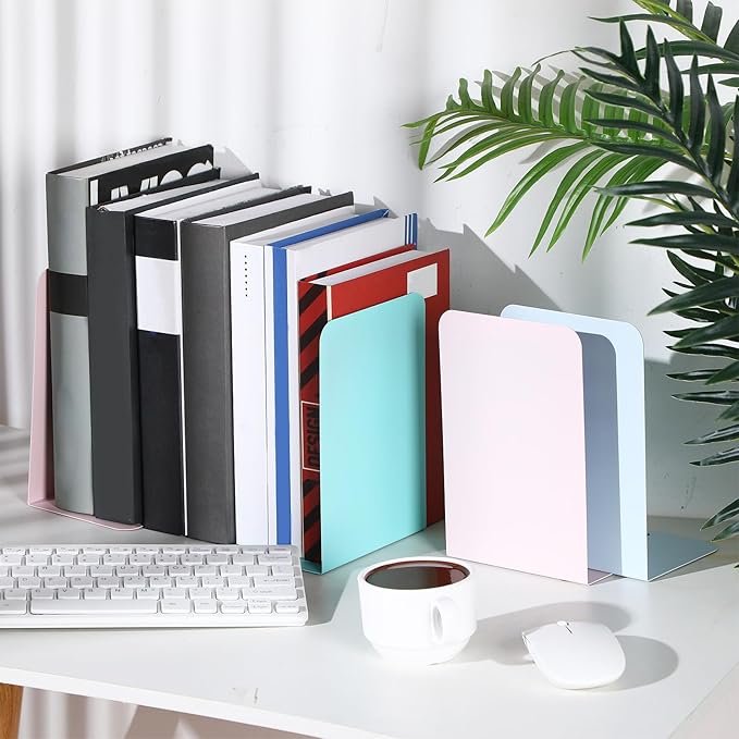 6 Pairs Metal Bookends Book Stopper for Shelves Office Book Holder Library Bookend for Heavy Books Desk Home Bookshelf School (Macaron Colors)