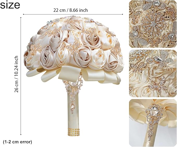 Handmade Floral Satin Rose Butterfly Shape Rhinestone Bridal Bouquet Luxury Golden Rhinestone Artificial Flowers for Wedding