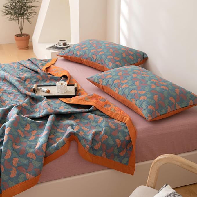 100% Cotton Muslin Blanket Jacquard Floral Ginkgo Leaves Print Quilt, Soft Bed Cover 3 Layers Reversible Bedspread Coverlet Breathable Lightweight Bedding Twin(59"x94"), No Pillow Sham
