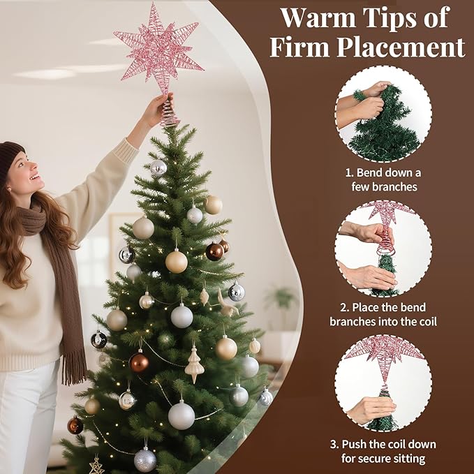 Lewondr Christmas Star Tree Topper, USB Powered Remote Controlled 11 Inch Multilayer Hexagonal Tree Topper Christmas Decor with 8 Light Modes for Home Holiday Xmas, Timer Function, Warm, Pink