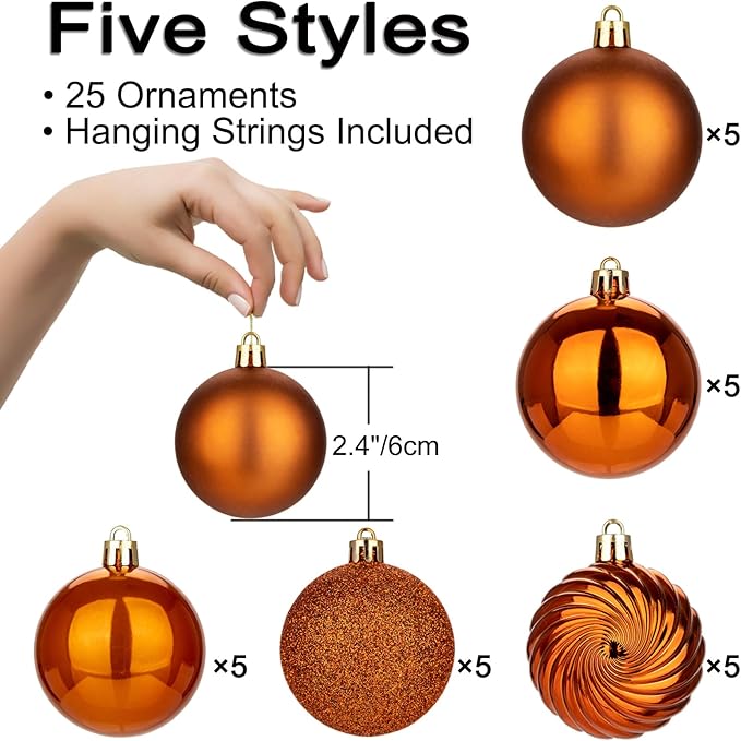 2.36" Brownish Orange Christmas Balls Ornaments 25 Pcs Shatterproof Christmas Ornaments Set Halloween Balls Ornament Brownish Orange Ornament for Xmas Tree Holiday Party