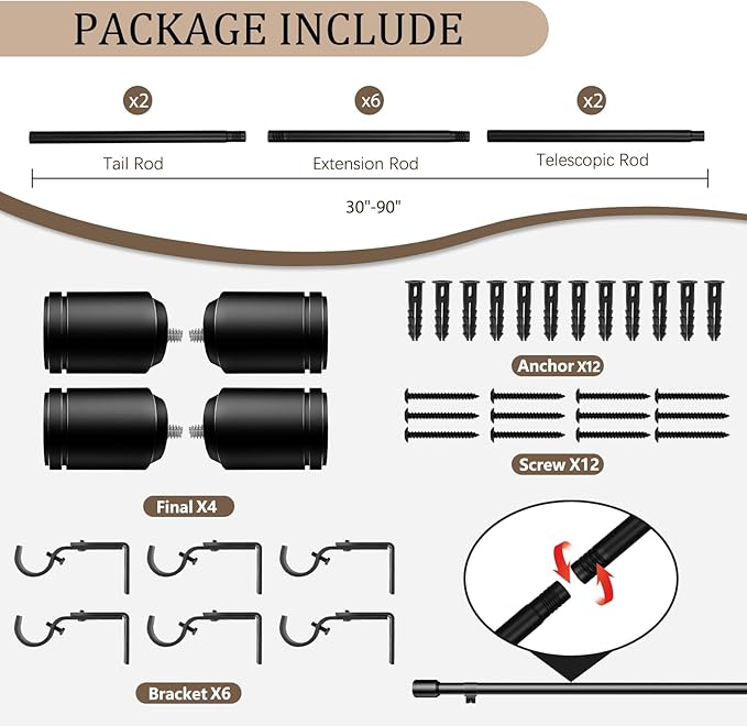 1” Diameter Black Curtain Rods for Windows, 2 Pack 30-90 Inch Heavy Duty Window Rods, Long Adjustable Curtain Rod, Fits Most Standard Windows, Suitable for Bedroom, Living Room, Farmhouse