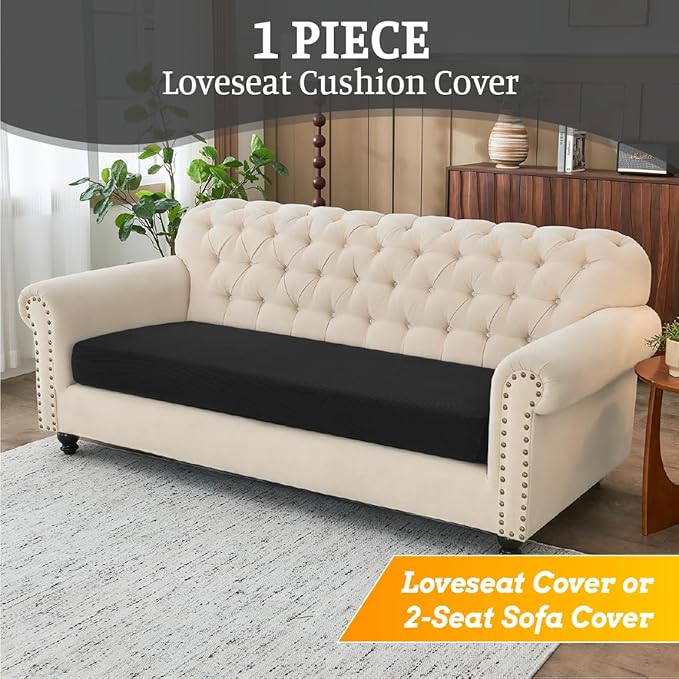 Sectional Couch Covers for Sofa Cushion L Shaped Couch Cover Washable Soft Couch Cushion Covers Stretch Sofa Slipcovers(1-Piece for Loveseat or Sofa 2-Seater, Black)