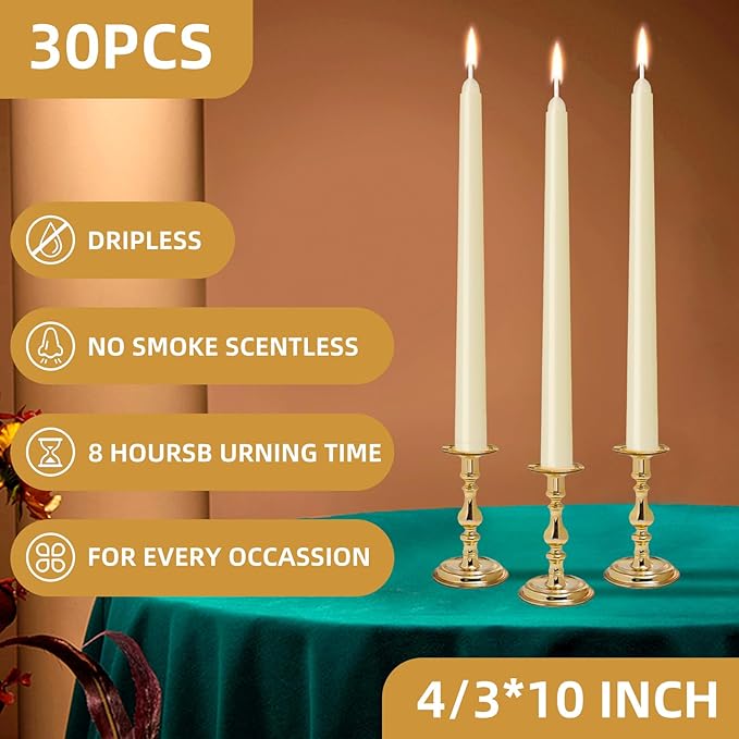 30 Pack Ivory Taper Candles - 10 inch Dripless, Smokeless, and Unscented - Long Burning for 8 Hours - Hand Poured Tall Candlesticks - Ideal for Special Occasions and Home Decor
