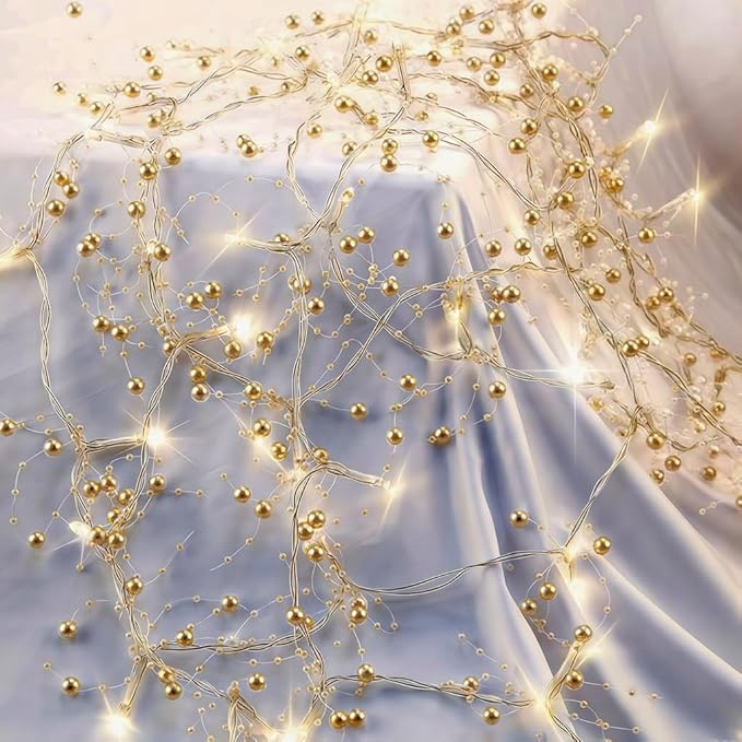 OVV Christmas Decorations 13FT Pearl Garland String Lights 40LED Festive Lighted Berry Beaded Indoor Xmas Decor Warm Lights for Bedroom Mantel Wedding Party Battery Operated (Golden)