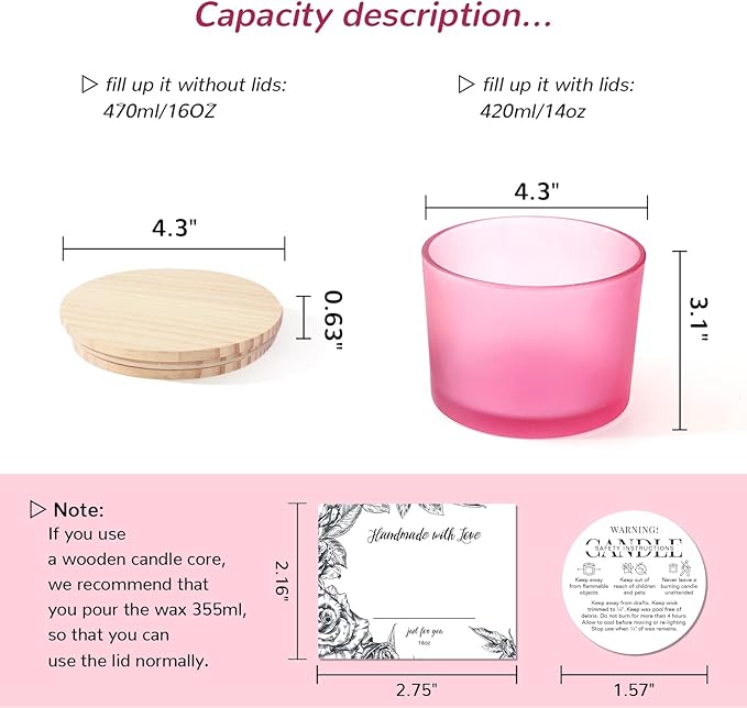 6 Pack Glass Candle Jars with Lids (16oz, Frosted Pink) - Large Candle Jars for 3 Wick Candles Making - Empty Candle Jars Containers - Candle Making Accessories include 16Pcs Candle Labels