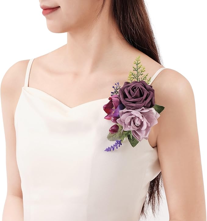 TINGE TIME Artificial Shoulder Corsages Flowers, Set of 2, Mother of The Bride Floral Corsage for Wedding Ceremony Anniversary Formal Dinner Party (Plum)