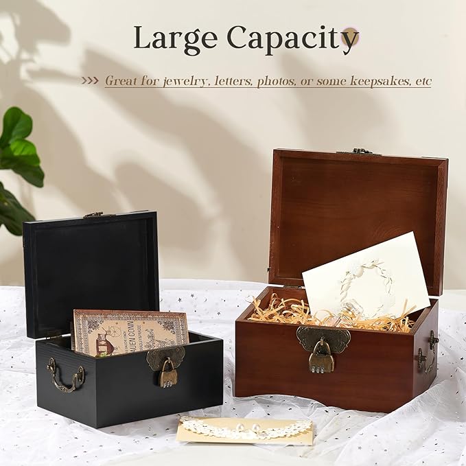 2PCS Wooden Decorative Storage Box with Lids Handmade Memory Box for keepsakes Metal Handle Treasure Chest Vintage Wood Baskets with Code Lock Jewelry Box Desk Organizer Container, Black
