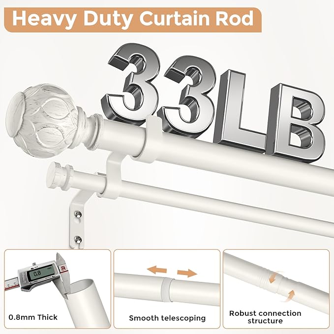 White Double Curtain Rod, 72 to 144 Inch Extra Long Dual Curtain Rods with Boho Netted Texture Finial, Decorative 1 Inch Adjustable Window Treatment Rods, Antique Vintage Farmhouse Double Drapery Pole