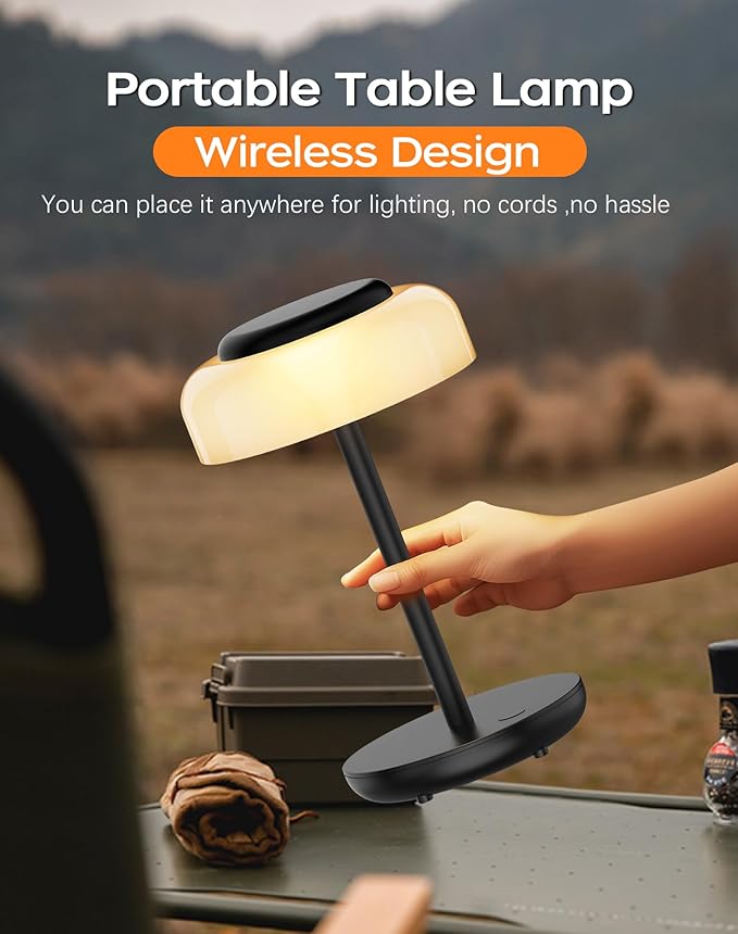 QiMH Battery Operated LED Table Lamp, 5000mAh Rechargeable Cordless Lamp Set of 2, Stepless Dimmable Touch Control, Small Waterproof Desk Night Light for Living Room, Bedroom, Outdoor Bar (Black)