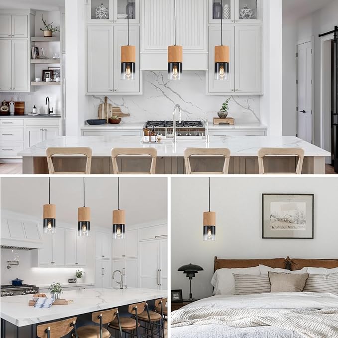 Modern Pendant Lights for Kitchen Island, Adjustable Black Pendant Light Fixtures with Raw Wood Grain, Industrial Glass Pendant Lights for Dining Table Hallway Bedroom Living Room,1 Pack