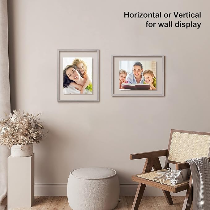 Egofine 11x14 Floating Frames Set of 2, Double Plexiglass Picture Frame, Made of Solid Wood Display Any Size Photo up to 11x14, Wall Mount or Tabletop Standing, Light Grey