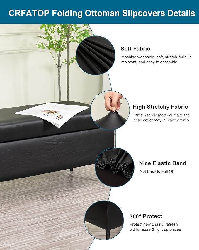 CRFATOP Waterproof PU Ottoman Stool Cover Stretch Folding Storage Footstool Bench Slipcovers Upholstered Foot Chest Chair Covers Washable Entryway Furniture Protector with Elastic Bands,S,Black