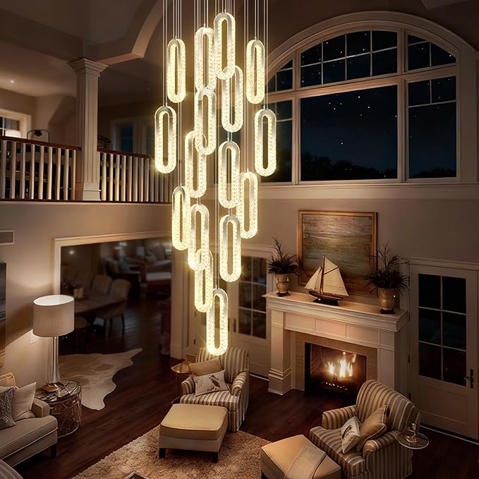 H138 Large Chandelier for High Ceiling,Modern 16-Rings Crystal Chandeliers for Entryway,Gold Pendant Light for Living Room,Foyer,Entryway LED Dimmable Staircase Chandelier