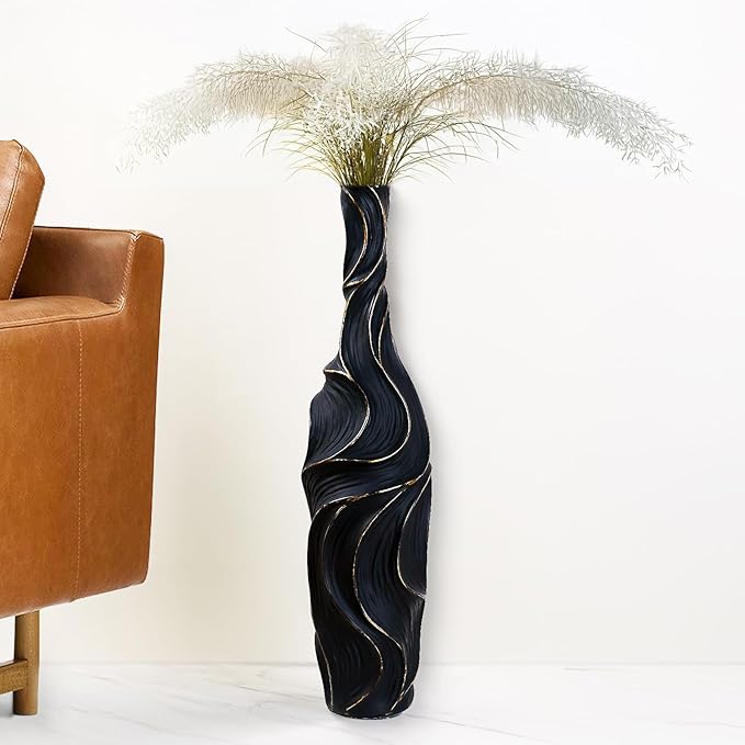 Floor Vase Handmade Resin - 22.83" Tall Brown Vases with Gold Wave Patterns, 6.29" Wide Decorative Tall Floor Vase for Home Decor, Farmhouse & Modern Interior Design