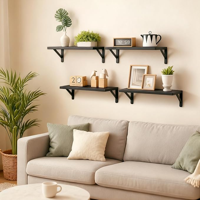 Fixwal Floating Shelves for Wall, Wood Wall Mounted Shelves for Bedroom, Bathroom, Living Room, Kitchen Storage and Decor(Black, Set of 4, 16.5 Inch)