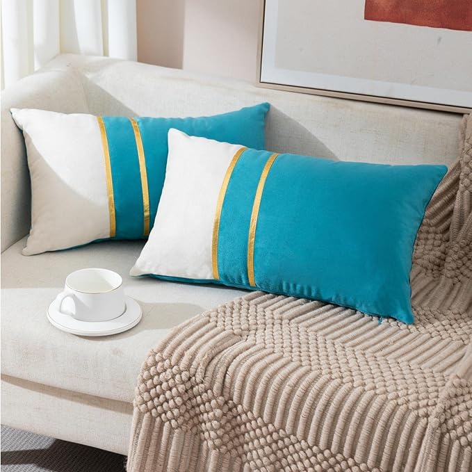 ZLINA Set of 2 Velvet Decorative Lumbar Pillow Covers Lake Blue White Patchwork with Gold Leather Pillow Covers 12 × 20 Inch Cushion Covers Decor Living Room Sofa Bedroom Car