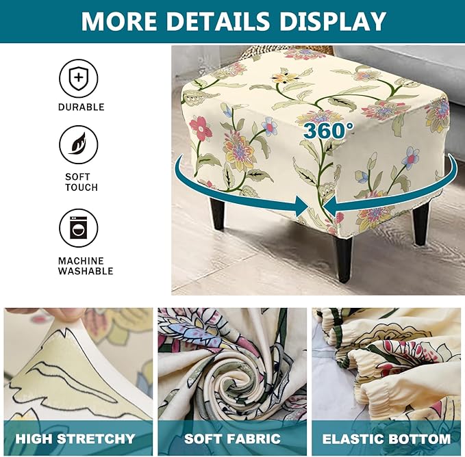 KRFOONN Stretch Ottoman Cover Slipcovers Rectangle Fit Length 39"-47" Footrest Stool Covers Printed Ottoman Cover for Foot Stool Furniture Protector with Non Slip Elastic Bottom, Color 05