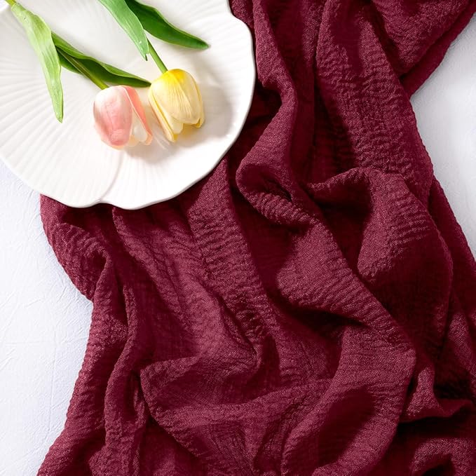 Socomi 3pcs Burgundy Gauze Cheesecloth Table Runner 120 Inch Rustic Boho Cheese Cloth Runner for Wedding Party Baby Bridal Shower Centerpiece Decoration Holiday Home Decorations