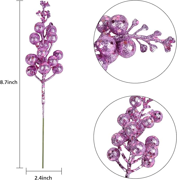 DearHouse 14 Pack Christmas Glitter Berries Stems, 7.8Inch Artificial Christmas Picks for Christmas Tree Ornaments, DIY Xmas Wreath, Crafts, Holiday and Home Decor (Light Purple)